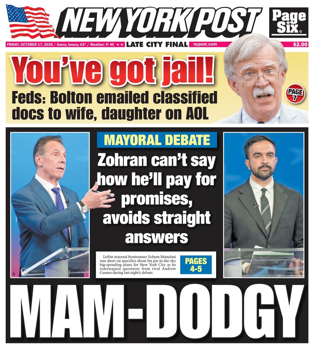 前国安顾问博尔顿被控非法处理机密文件拒不认罪 纽约市长候选人曼达尼辩论遭围攻仍领先 - 1
